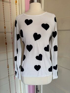 INC International Concepts Heart Sweater Rhinestone Black White Knit Top Size M